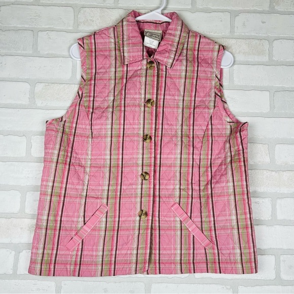 Beautiful Pink Plaid Button Front‎ Quilted Vest Pockets, Adjustable Size Medium - Picture 1 of 11